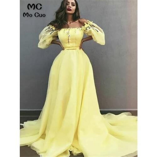 Process Yellow Off the Shoulder Evening Dresses Long for Womens Appliques Flower Prom Gown Tulle Evening Prom Dress Custom Made