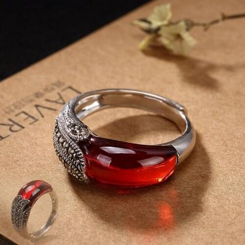 925 Sterling Silver Vintage Marcasite Open Thai Silver color Rings For Women Handmade Natural Chalcedony Womens Ring Jewelry