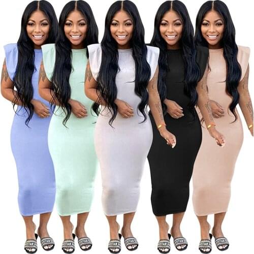 2021 Summer Casual Women Long Maxi Dress Solid Padded Sleeveless Slim Fit Dress Sexy Skinny Package Hip Dress For Party&Club