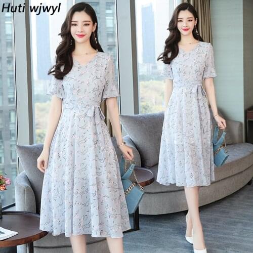 2021 Korean Vintage Plus Size Boho Midi Dresses Summer New Blue Floral Chiffon Sundress Elegant Women Short Sleeve Party Vestido