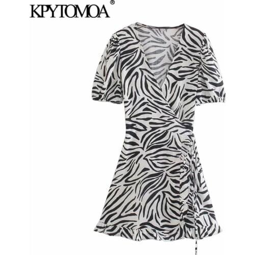 KPYTOMOA Women 2021 Fashion With Ties Animal Print Wrap Mini Dress Vintage V Neck Short Sleeve Female Dresses Vestidos Mujer