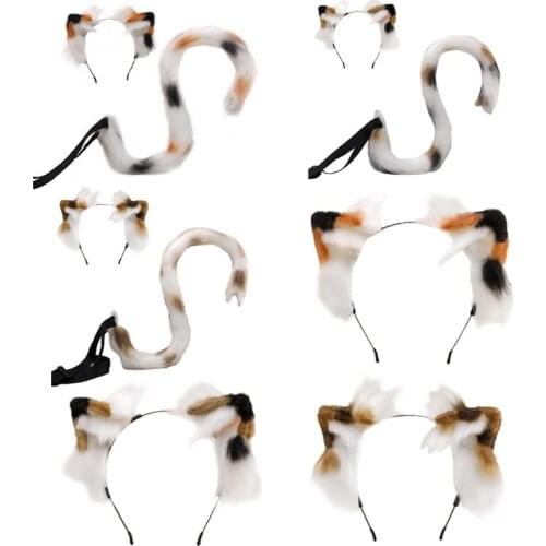 2Pcs Triple Color Plush Faux Fur Kitten Ears Headband Tail Set Christmas Halloween Party Anime Cosplay Accessories