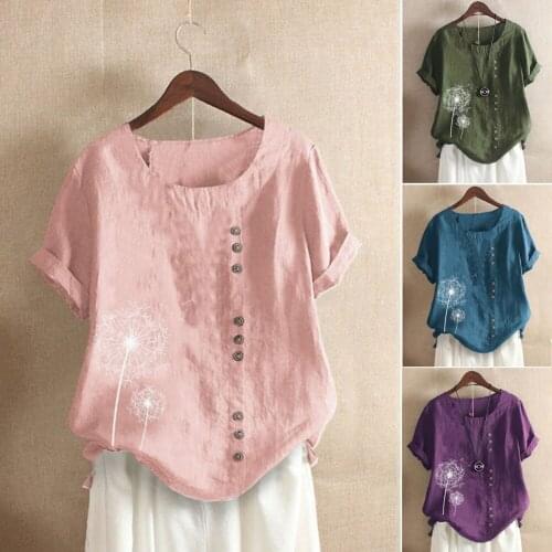 2020 Korean Fashion Trend Women Summer Pure Cotton Linen Short Sleeve T-shirt Loose Casual Top Dandelion Print Temperament Style