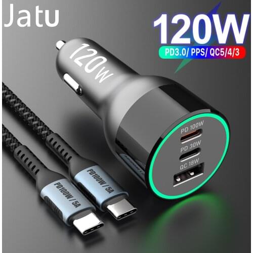 3-Port USB C Car Charger 120W, QC5 PD 100W PPS 45W 30W QC3.0 18W for xiaomi Lenovo Type-C laptop MacBook iphone 12 Samsung S20
