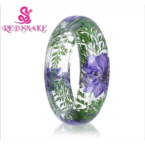 RED SNAKE Fashion Pure Manual Violet Flowers and Green Leaves shape Inside Transparent Resin Bracelet for Women