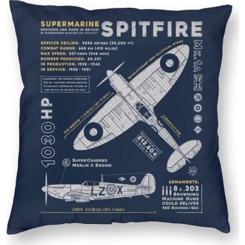 Supermarine Spitfire Cushion Cover Print Fighter Pilot Aircraft Airplane Floor Pillow Case for Car Fashion Pillowcase Decoration