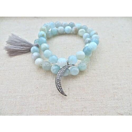 CZ Pave Moon Crescent Bracelet Aquamarines Beads Gray Tassel Strand Bracelet Set of 2 SE20664