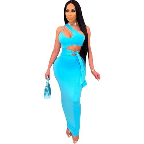 Echoine Sexy Hollow Out Maxi Dress Lace Up One Shoulder Sleeveless Night Club Party Bodycon Outfits Solid Color Casual Vestidos