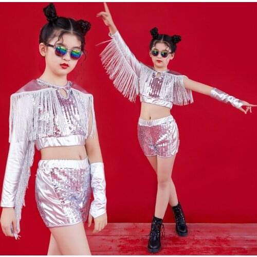 Fashion Model T-Stage tassel Kids Stage Silver white Costumes ChildrenS Show Clothes Hip Hop GirlS Jazz Performance Outfit NEW