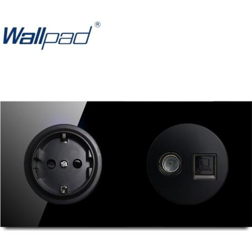 Wallpad EU German Socket With TV DATA Ethernet RJ45 Crystal Tempered Pure Black Glass Panel Wall Power Socket Outlet