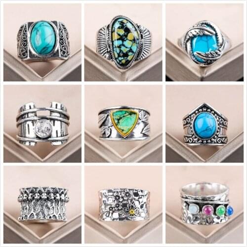 Hot Womens Rings Vinrage Bohemian Geometric Artificial Gemstone Alloy Decorative Ring Punk Party Jewelry Gifts 2021 New