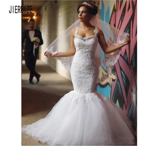 JIERUIZE Sexy Luxury Mermaid Wedding Dresses Spaghetti Straps Lace Appliques Beaded Bridal Gowns Illusion Back Vestido De Noiva