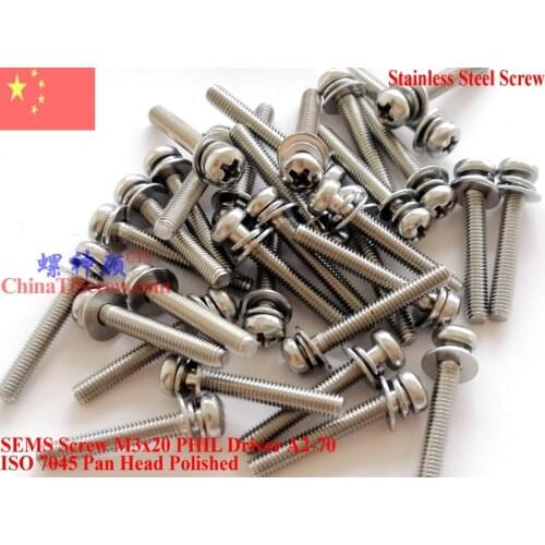 Stainless Steel SEMS screws M3x20 Pan Head 1# Phillips Driver Polished ROHS 100 pcs