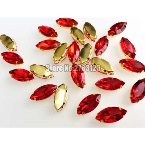 Red Gold bottom horse eye shape Glass Crystal sew on claw rhinestones with holes Sewing On Garment DIY accessories SWMJ06
