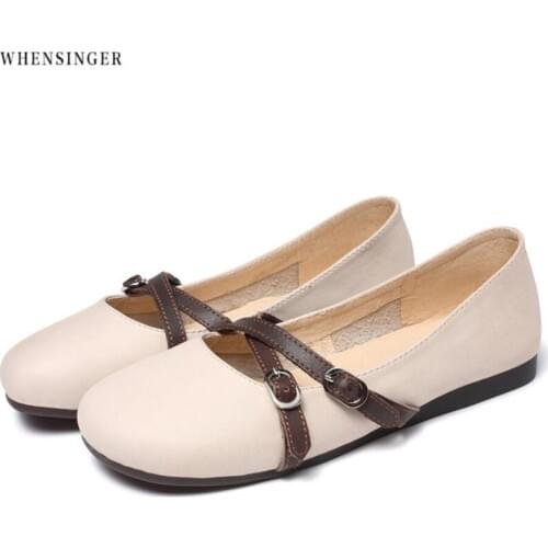 Whensinger -2018 Women Flat Shoes Woman Loafers Plus Size Womens Fashion genuine leather Casual Shoes Buckle Female Footwear