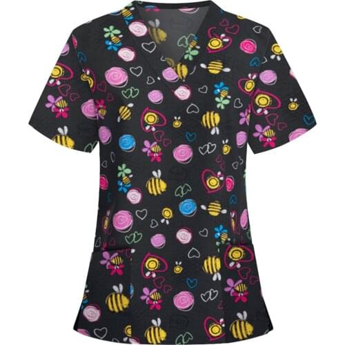 Women Animal Print V-neck Blouse Tops Working Uniform Nursing Casual Short Sleeve V-neck Carer Femme Tops Nurse Accessories