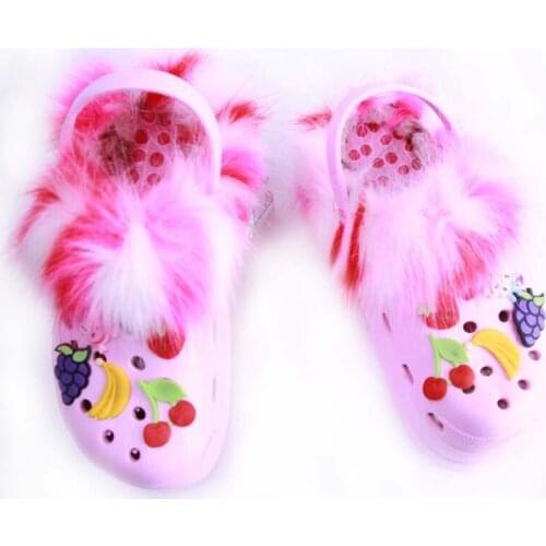 ZMPDXY Rainbow Color Furry Sandals Women Hole Garden Shoes with Fur Sock 2021 Winter New Warm Shoes Female Slip On Furry Sandals