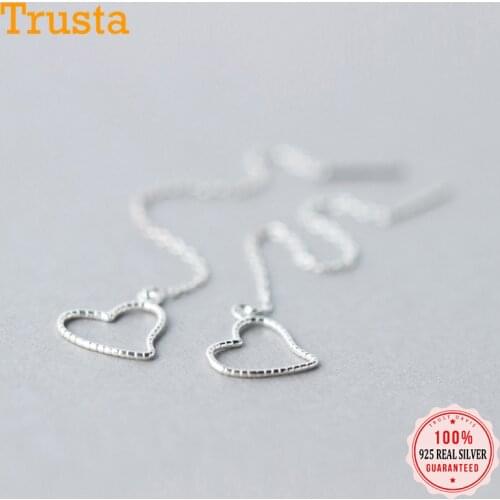 Trusta 100% 925 Solid Real Sterling Silver Dangle Earrings Hollow Out Heart Linked 9cm Drop Stick Girls Friends Gift DS949