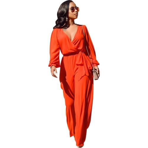 Women Sexy Jumpsuit Deep V Neck Long Sleeve Playsuit Orange Long Pants Elegant Rompers 2020 Spring Autumn Winter Casual Clothing
