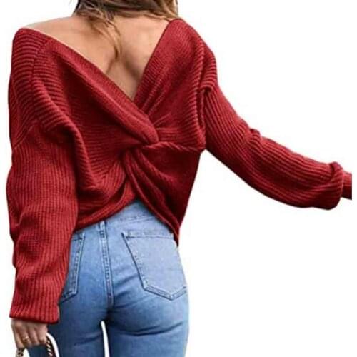 Solid Color V Neck Twisted Back Knot Sweater Women Long Sleeve Jumpers Pullover Girls knit Sweater