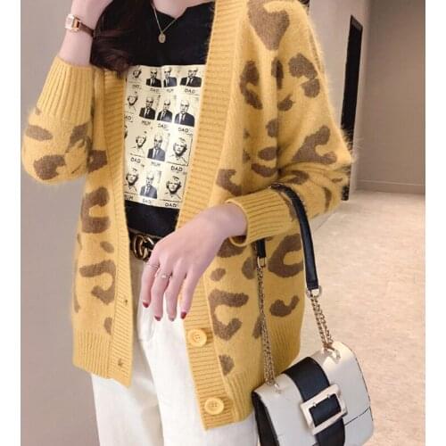 Fad Autumn Winter Womens Leopard Knitted Sweaters Korean Style V Neck Thick Casual Cardigan Loose Single Breasted Outwear Tops