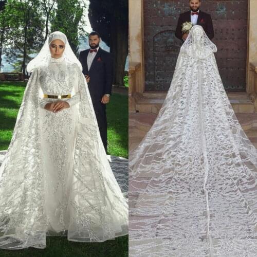 2021 New Muslim Wedding Dress with Hijab Hooded Cape Sequins Bridal Gowns Long Sleeves Custom Made Beading vestido de novia