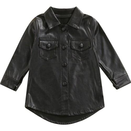 2-7Y Infant Kids Baby Girls Fashion PU Leather Dress Coat Shift Long Sleeve Windbreaker Dress Gown Long Jacket