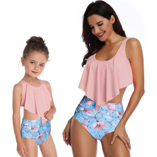 2021 Mommy And Me Leaf Print Ruffled Bikini Set Summer Holiday Family Look Beachwear Skin Split Swimsuit Printed High Waisted