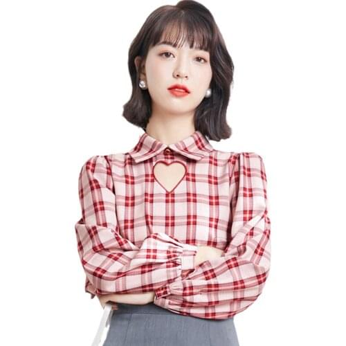 2021 Women Clothes Plus Size Love Hollow Out Blouses Spring Long Sleeve Blue OL Blusa Elegant Casual Wear Plaid Tops Tees 1110