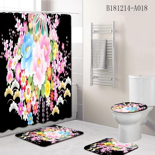 4Pcs/Set Elegant Flowers Pattern Shower Curtain Mat Set Non Slip Rugs Carpet for Bathroom Toilet Bath