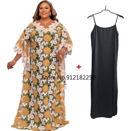 African Maxi Dress For Women 2021 New African Dashiki Fashion Loose Embroidery Long Dress African Clothes Elegant Lace Dresses