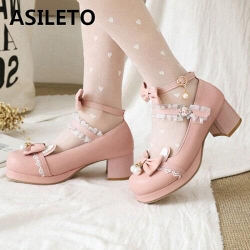 ASILETO New 2021 Women Pumps Round Toe 5cm Block Heels Buckle Lace Lolita Pearl Cute Bowtie Sweet Soft Comfy Big Size 48 F1169