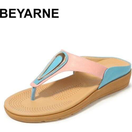 BEYARNEBohemian Ethnic Slippers Women Flat With Flip Flop Slippers Slip On Comfort Open Toe Outdoor Beach Slipper Mujer