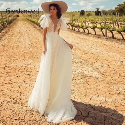 Fairy Bohemian Deep V Neck Dot Tulle Wedding Dresses Backless Bow Straps Long Bridal Gowns with Flowing Skirt