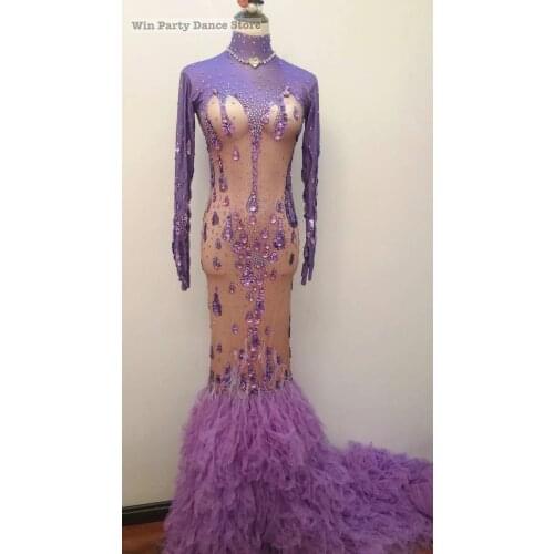 Purple mesh bright diamond senior long sleeve with five fingers fishtail ladies dress nightclub stage costumes