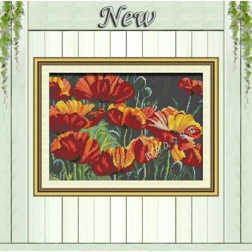 Poppy flower scenery painting counted on canvas Cross Stitch Embroidery kits Needlework Sets DMC 14CT 11CT black cloth unprinted