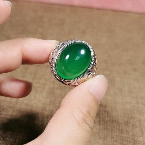 Fashion Carving Green Jade Emerald Gemstones Diamonds Rings for Men White Gold Silver Color Bague Jewelry Gifts Accessory