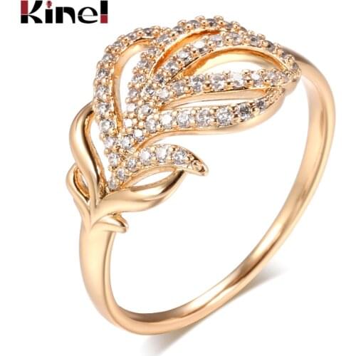 Kinel Hot 585 Rose Gold Crystal Flower Ring Fashion Natural Zircon Vintage Ring for Women Gift Daily Fine Jewelry