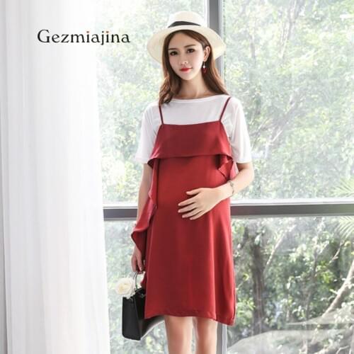 Maternity Summer Dress New Fashion Pregnant Women Two Sets of Dresses White T-shirt + Wine Red Sling Dress Two-piece suit