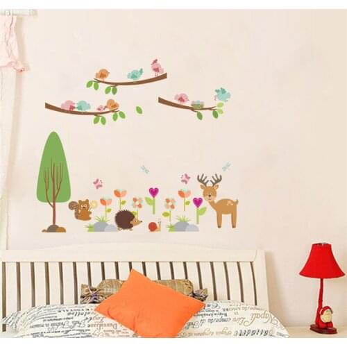 Cute Baby Animals Birds Wall Stickers For Kids Room Decoration Cartoon Safari Tree Mural Art Diy Home Decals Pvc Posters