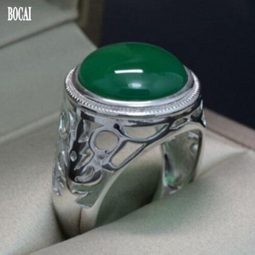 New 100% real Natural round chalcedony mens rings s925 silver domineering ring for male fashion silver jewelry for man