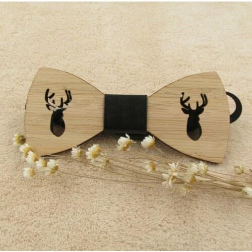 Mens Boys Hollow Out Carved Elk Deer Wooden Bowtie Adjustable Christmas Necktie