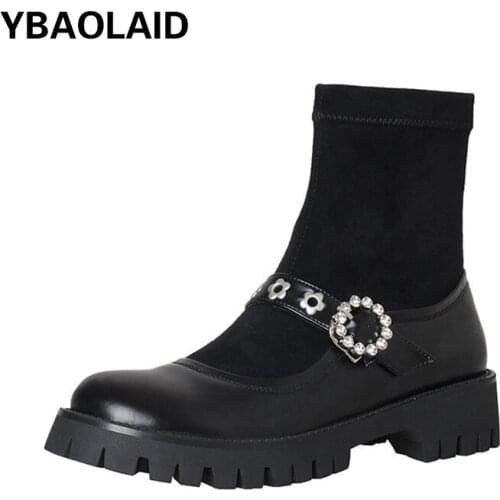 Pure Color Rhinestone Belt Buckle College Style Thick Bottom Mary Jane Short Boots Retro Round Toe Thick Heel Socks Boots
