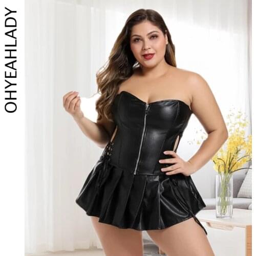 Ohyeahlady Faux Leather Strapless Clubwear Sexy Bustier Dress Outwear Buckled Body Shaper Pole Dancing Party Mini Skirt A9187