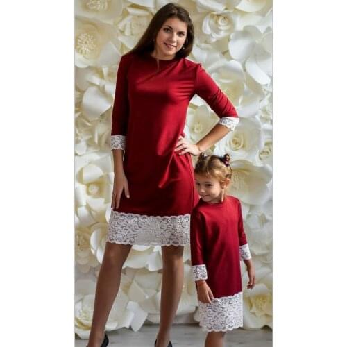 Qunq Mother and Daughter Dress 2021 New Spring Long Sleeve Dresses for Women Girl Red Color Lace Flower Family Matching Outfits