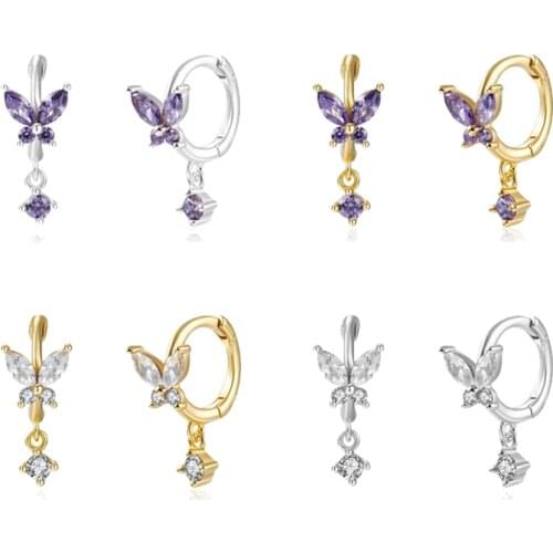 925 Sterling Silver Butterfly Hoop Earrings for Women Romantic Purple Crystal Drop Huggie Earrings Tassel Pendant Earrings Gifts
