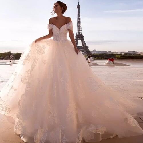 Princess Wedding Dress V Neck Ball Gown Puffy Tulle Bridal Dresses 2021 Off The Shoulder Short Sleeve Wedding Gowns
