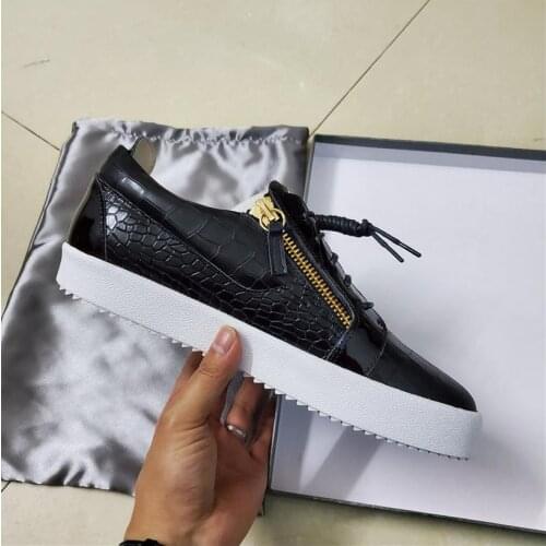 High quality Famous Designer Genuine Leather Classical style Stone grain Sheet metal Casual Shoes Fashion Double bottom zipper