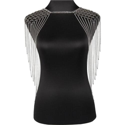 Vintage Punk Harness Bikini Body Link Epaulet Shoulder Chain Necklace Collar Dangling Tassel Silver