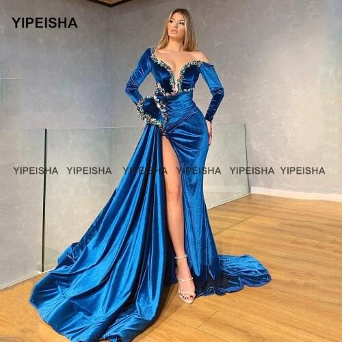 Yipeisha Long Sleeves Velvet Evening Dress Saudi Arabia Blue Mermaid Prom Dresses Beaded High Split Party Gown Customized